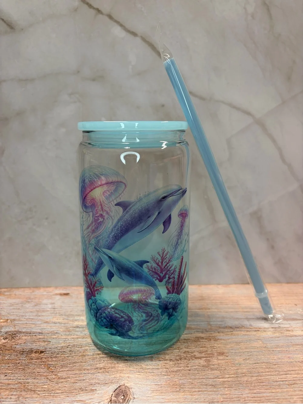 Blue Dolphin & Jellyfish Glass Tumbler with Lid and Straw